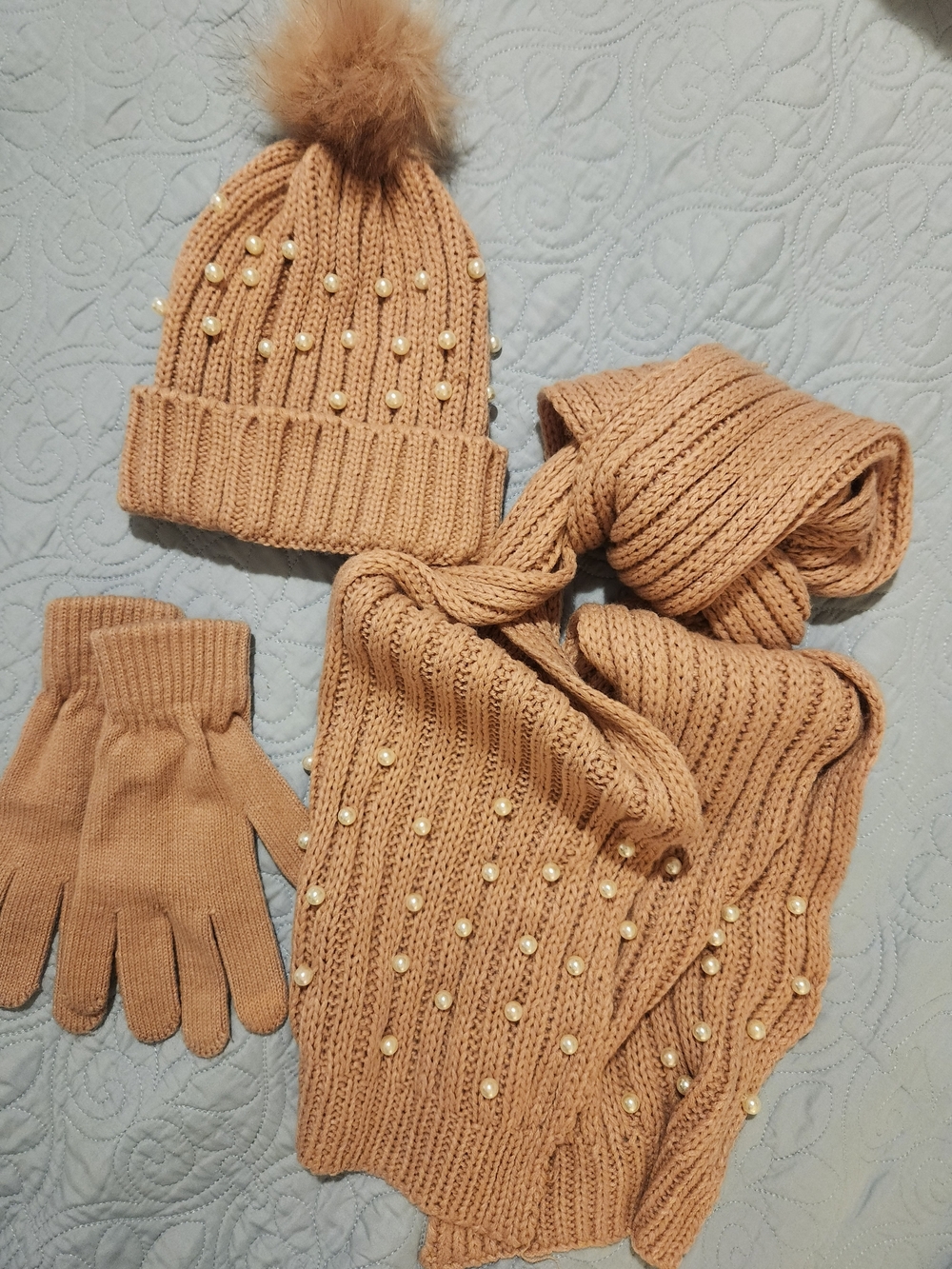 Pink Pearl-Embellished Knit Hat, Scarf & Gloves Set